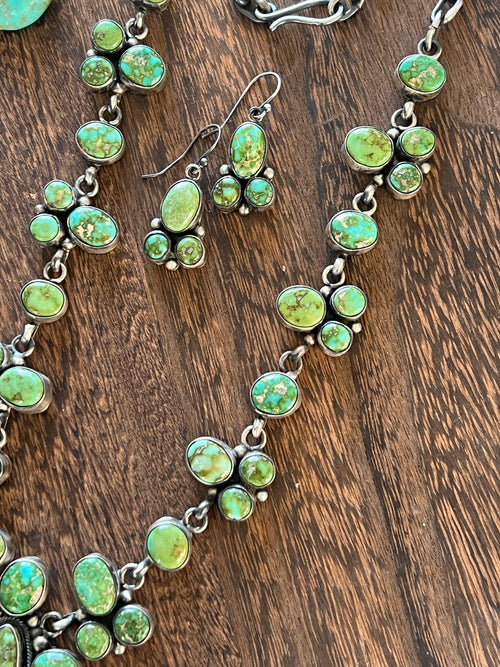 Navajo Sterling Silver and Sonoran Gold Turquoise Electric Rainbow Cluster Necklace with Earrings by Bea Tom