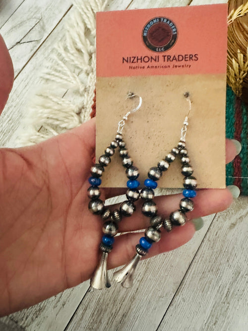 Navajo Lapis & Sterling Silver Pearl Beaded Blossom Hoop Earrings
