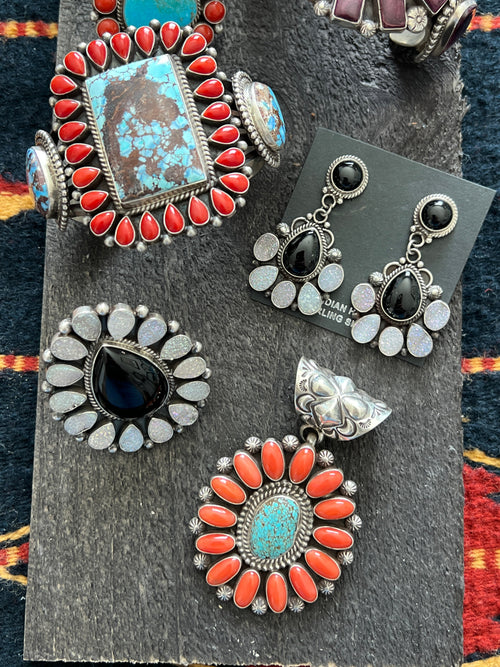 Navajo Sterling Silver, Mediterranean Coral and Spiderweb Turquoise Pendant by Tyler Brown