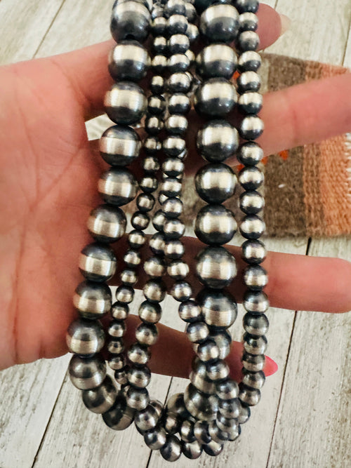 Navajo Sterling Silver Pearl Triple Strand 20” Beaded Necklace