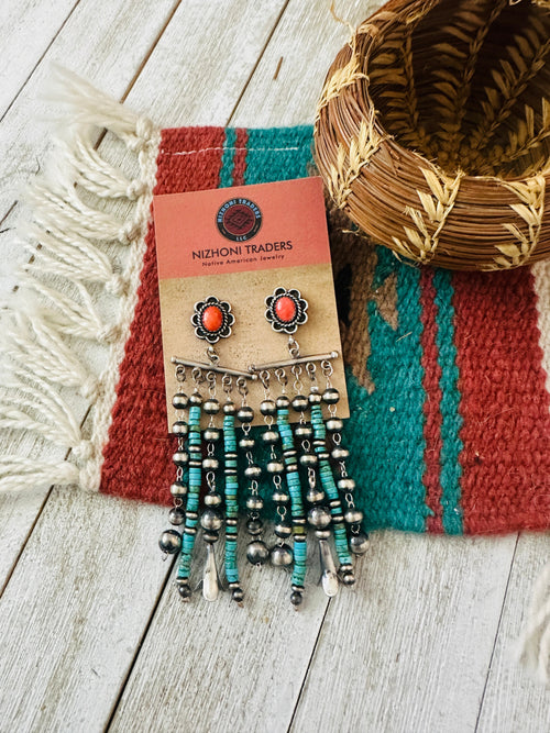Navajo Turquoise, Coral & Sterling Silver Pearl Beaded Tassel Dangle Earrings