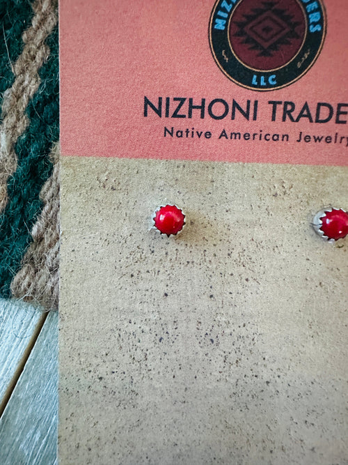 Old Pawn Navajo Sterling Silver & Coral Stud Earrings