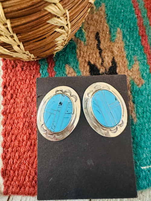 Handcrafted Old Pawn Sterling Silver & Turquoise Inlay Post Earrings