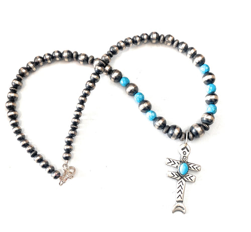 Handcrafted Sterling Silver Pearl & Turquoise Beaded Cross Necklace