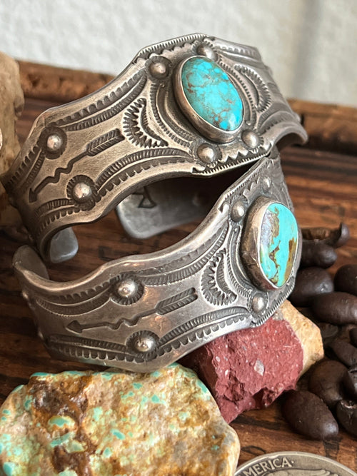 Hand Forged Old Pawn Sterling Silver & Turquoise Ingot Cuff Bracelets by Santa Fe Artist, Buffalo: The Twins