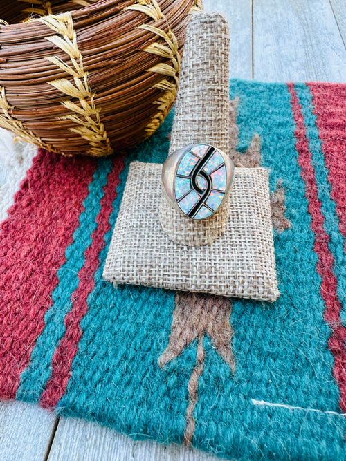 Old Pawn Handcrafted Opal, Onyx & Sterling Silver Inlay Ring Size 11