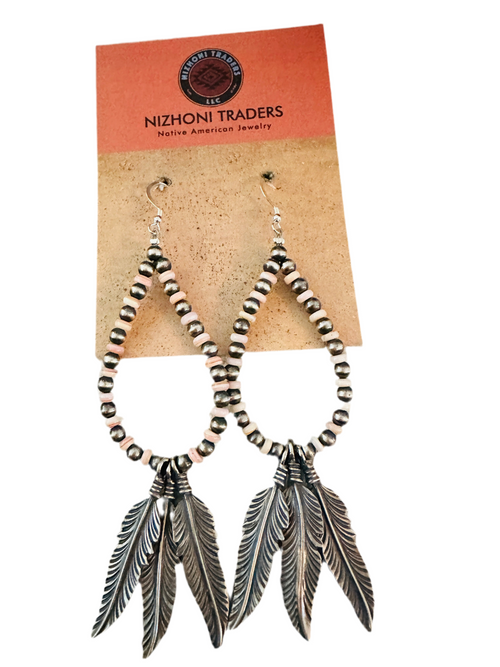 Queen Pink Conch & Sterling Silver Pearl Feather Beaded Hoop Earrings