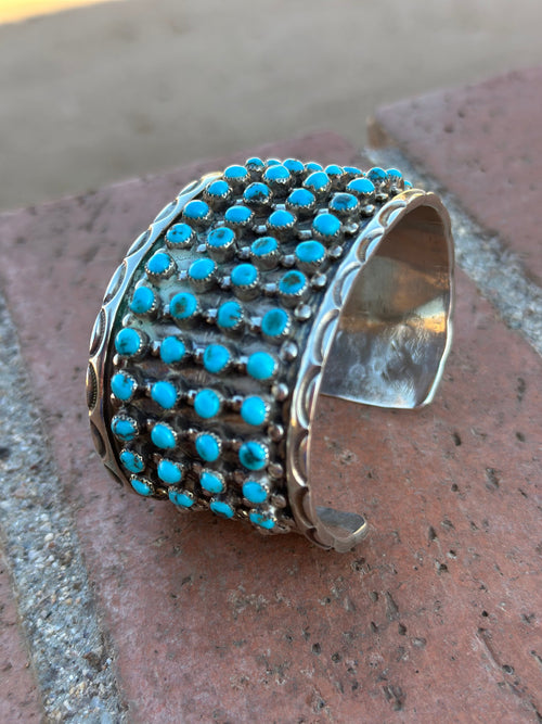 Estate Collection Old Pawn Navajo Sterling Silver & Turquoise Snake Eye Cuff Bracelet /