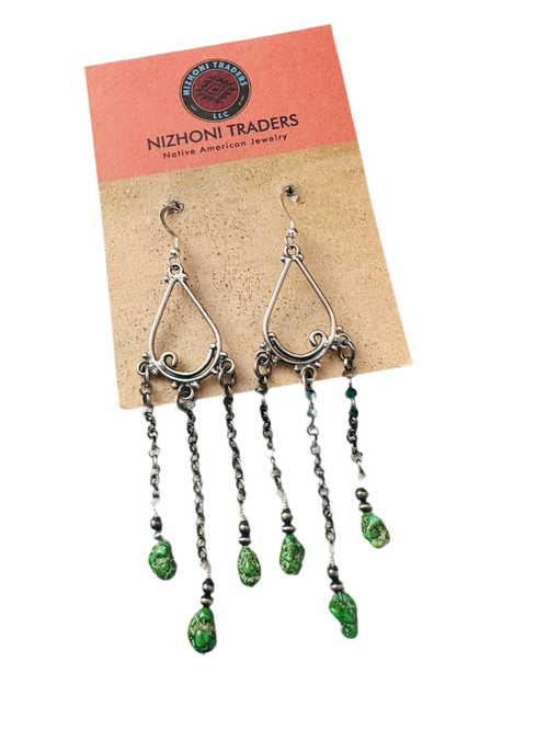 Navajo Sonoran Gold Turquoise & Sterling Silver Beaded Dangle Earrings