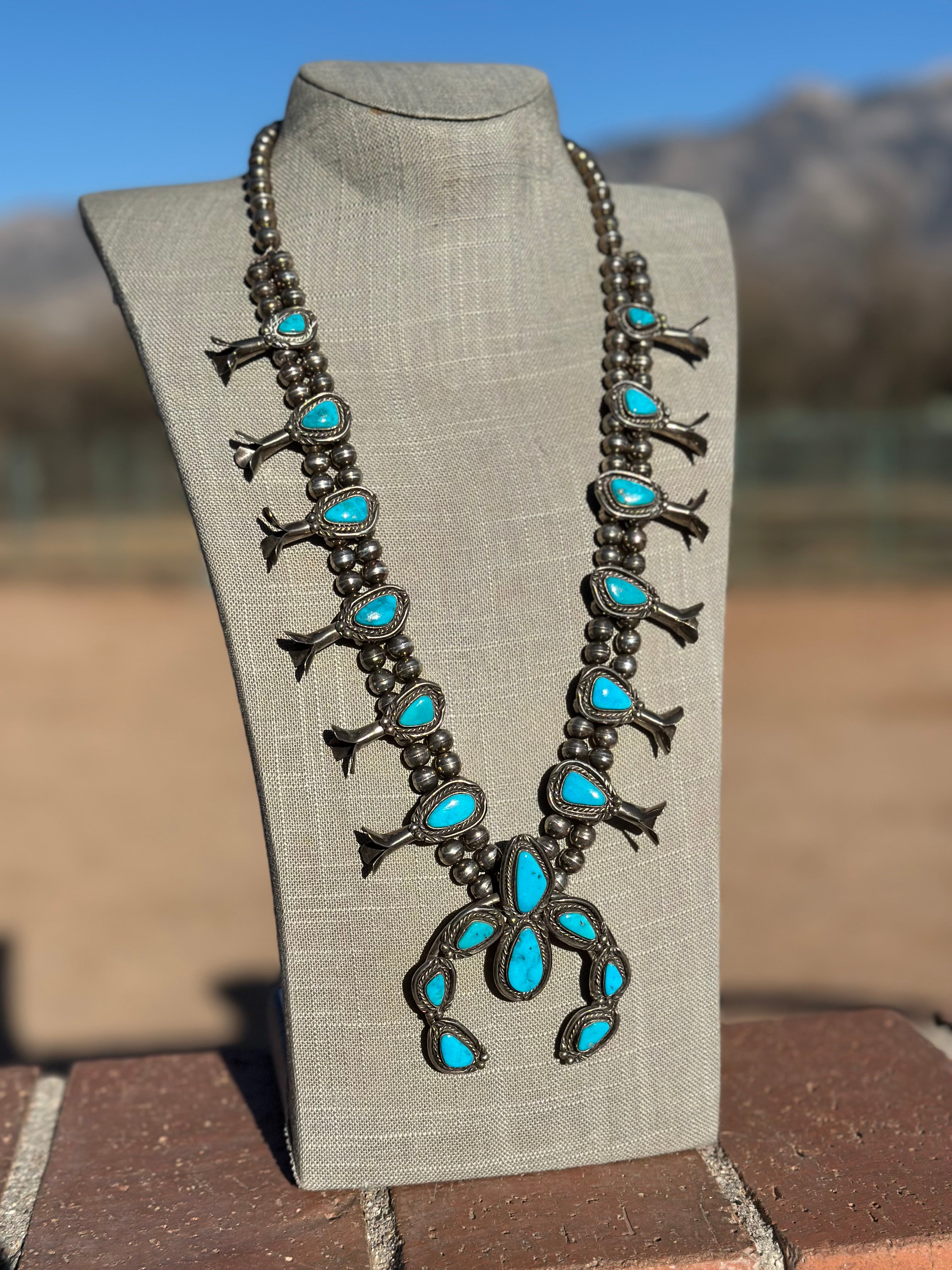 Estate Collection Old Pawn Turquoise Sterling Silver Squash Blossom  Necklace