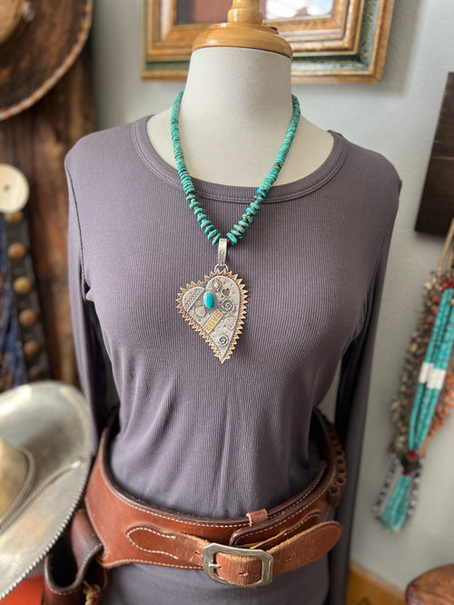 Kimari Somers Hand Stamped Sterling Silver, Brass & Turquoise Queen of Hearts Pendant