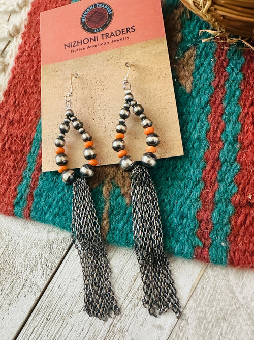 Navajo Orange Spiny & Sterling Silver Pearl Beaded Hoop Earrings