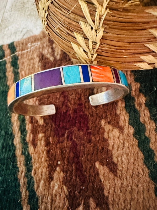 Handcrafted Old Pawn Multi Stone & Sterling Silver Inlay Cuff Bracelet