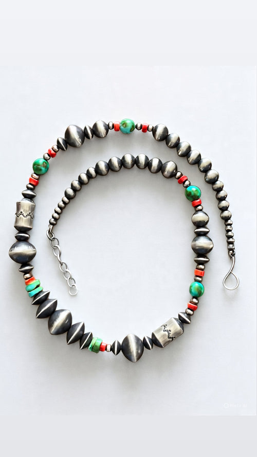 Navajo Made Electric Rainbow Sterling Silver, Turquoise and Spiny Oyster Single Strand Beaded Necklace by Rose Martin, 20 + 2 Inches