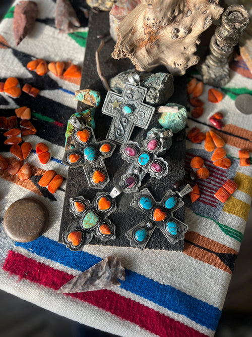 Hand Stamped Sterling Silver, Egyptian Turquoise & Spiny Oyster Cross Pendant by Kimari Somers