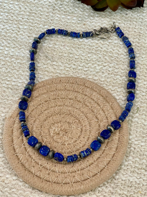 ** 4TH OF JULY ** Handmade Sterling Silver & Lapis Beaded Necklace Signed Nizhoni