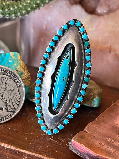 Old Pawn Sterling Silver and Turquoise Shadowbox Ring Signed LM