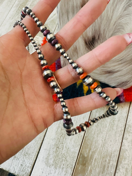 Navajo Sterling Silver, Spiny Oyster & Turquoise Beaded 20” Necklaces