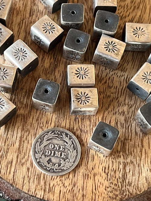 Handmade Stamped Sterling Silver Cube Beads, The Sunburst