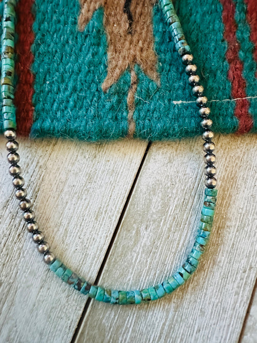 Navajo Turquoise & Sterling Silver Pearl 16” Beaded Necklace