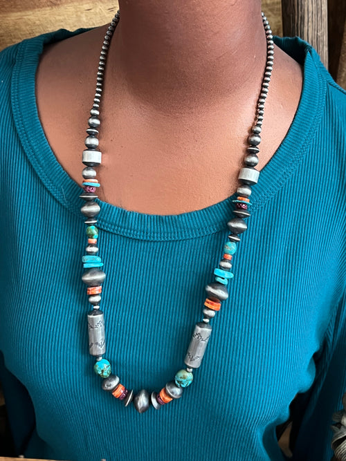 Handcrafted Sterling Silver, Kingman Turquoise and Spiny Oyster Shell Handcrafted Electric Rainbow Beaded Necklace by Rose Martin, 26 + 1 inch