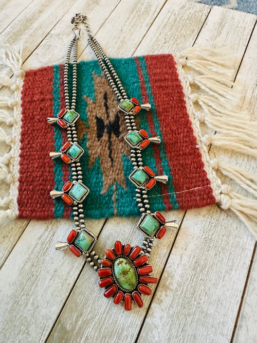 ** Christmas Collection ** Handmade Sterling Silver, Turquoise & Coral Necklace Signed Nizhoni