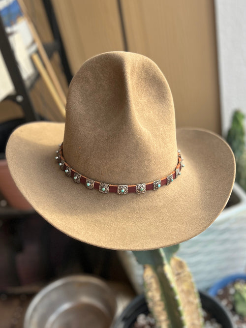 Leather Hat Band with Sterling Silver and Kingman Turquoise Concho Slides
