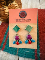 Old Pawn Navajo Sterling Silver & Multi Stone Dangle Earrings