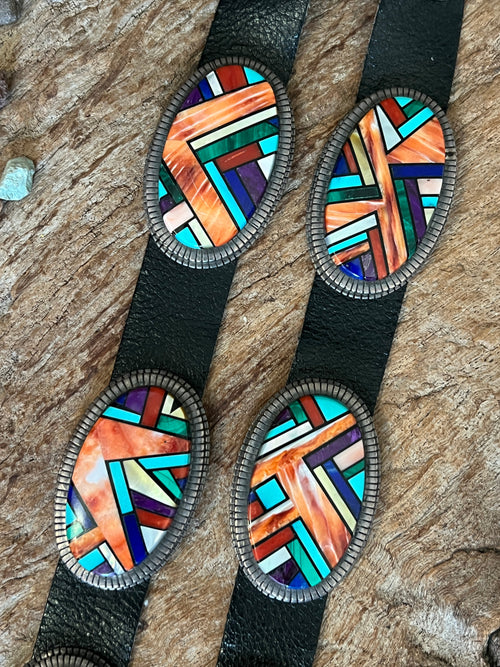 Phenomenal Old Pawn Handcrafted Sterling Silver and Multi Stone Inlay Concho Belt by Ray Jack