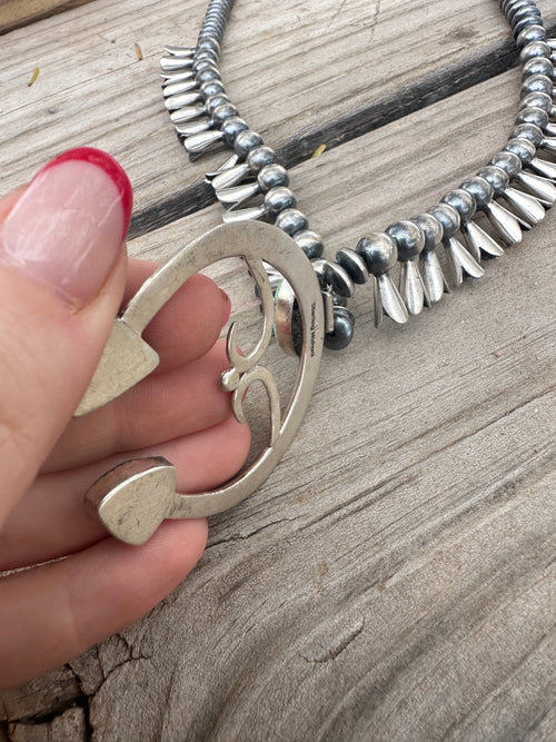 Beautiful Handmade Sterling Silver & Sonoran Mountain Turquoise Squash Blossom Necklace