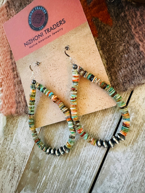 Navajo Turquoise, Spiny & Sterling Silver Beaded Teardrop Hoop Earrings
