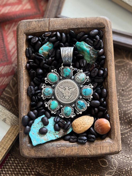 Rosella Paxson Hubei Turquoise and Barber Half Dollar Cluster Pendant