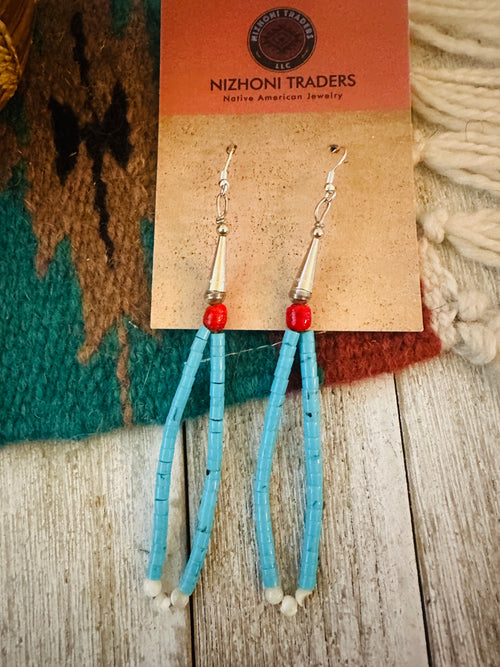 Handcrafted Old Pawn Turquoise & Coral Beaded Dangle Earrings