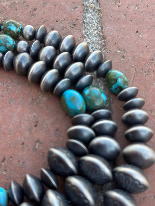 Handcrafted Rose Martin Sterling Silver & Kingman Turquoise Three Strand Necklace