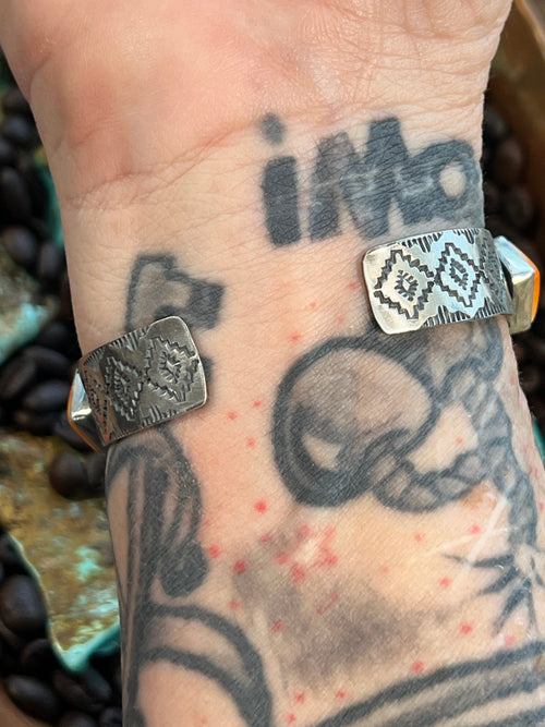 Handcrafted Sterling Silver and Orange Spiny Oyster Shell Geometric Row Cuff by Rosella Paxson