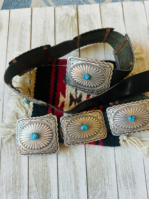 Vintage Black Leather And Sterling Silver Turquoise Concho Belt by Tim Guerro