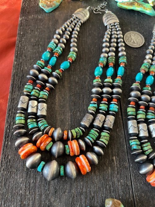 Navajo Handmade Triple Strand Sterling Silver, Spiny Oyster and Sonoran Mountain Bead Necklace by Rose Martin