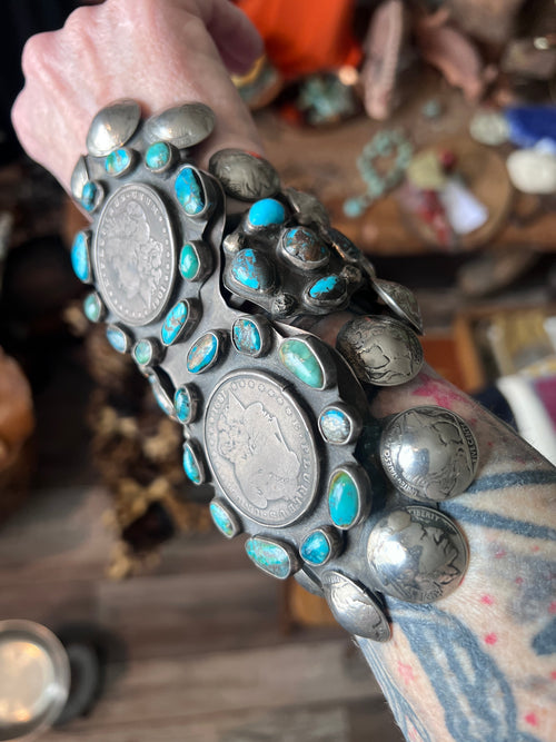 Insane Old Pawn Sterling Silver, Morgan Dollar, Buffalo Nickel and Turquoise Cuff Bracelet by Eric Drake