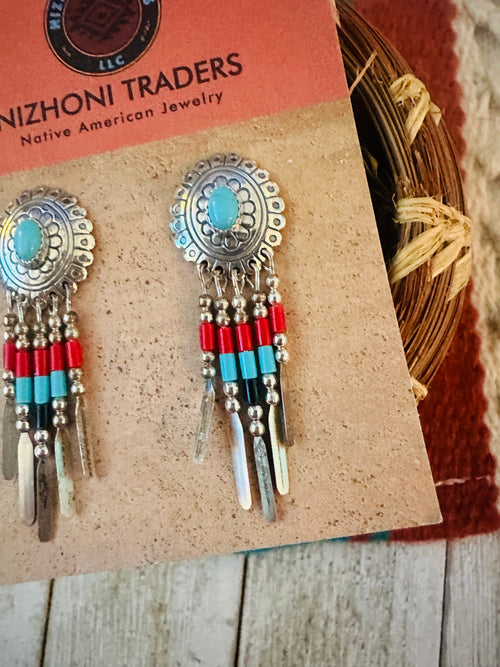 Handcrafted Old Pawn Sterling Silver & Multi Stone Beaded Dream Catcher Dangle Earrings