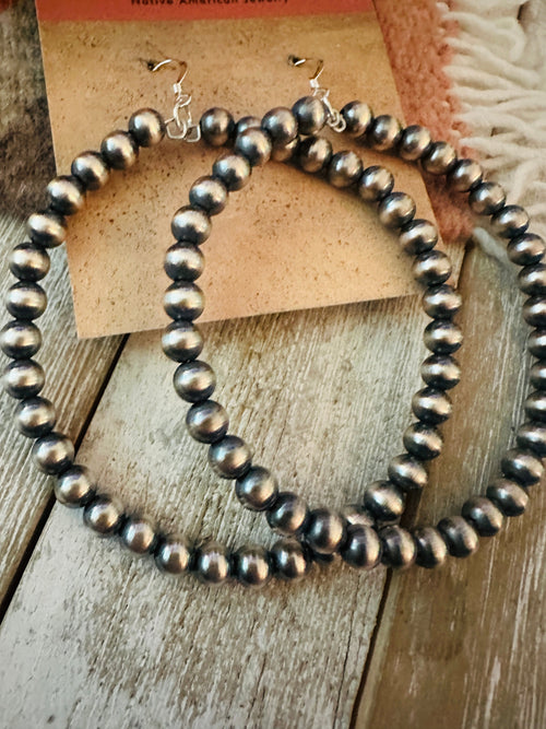 Navajo Sterling Silver Pearl Beaded Dangle Hoop Earrings