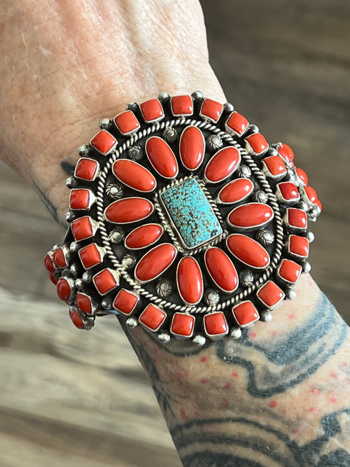 Navajo Sterling Silver, Mediterranean Coral and Spiderweb Kingman Turquoise Cuff Bracelet by Tyler Brown