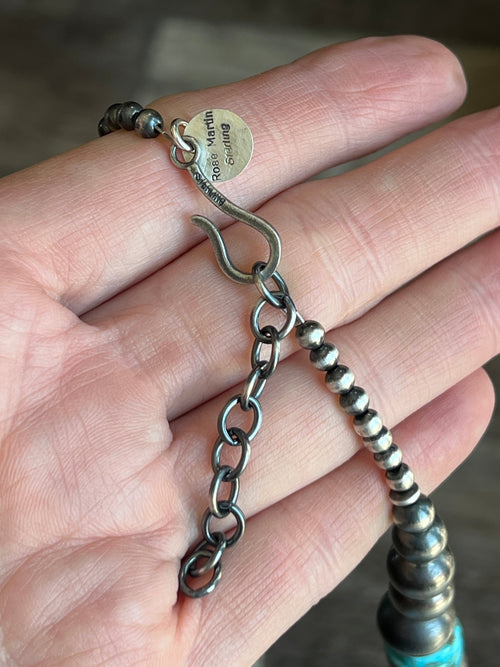 Navajo Sterling Silver and Kingman Turquoise Handmade Beaded Necklace by Rose Martin, 34 Inches