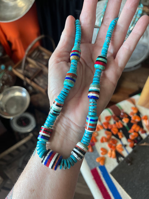 Ronald Chavez Handcrafted Turquoise Heishi Beaded Santo Domingo Necklace with Layered Barrel Bead Accents