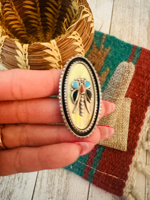 Old Pawn Navajo Sterling Silver & Multi Stone Dragonfly Ring Size 7