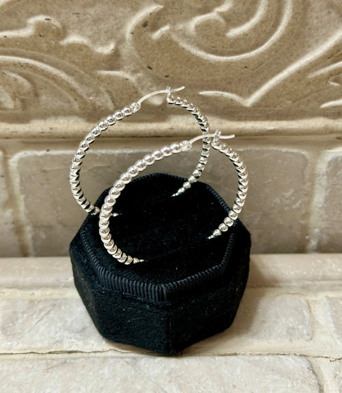 Beaded Hoop Earrings Sterling Silver 1 3/4”