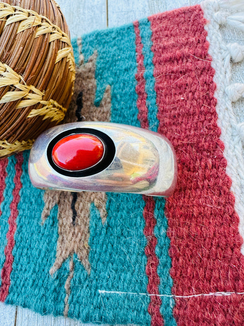 Handcrafted Old Pawn Sterling Silver and Coral Cuff Bracelet