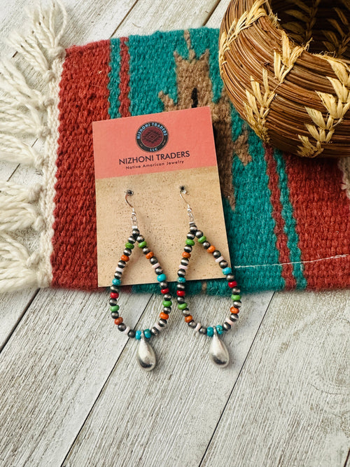 Navajo Multi Stone & Sterling Silver Pearl Beaded Hoop Earrings