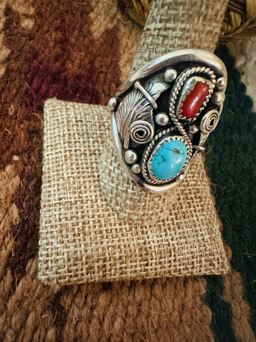 Handcrafted Old Pawn Turquoise, Coral and Sterling Silver Ring Size 9.5