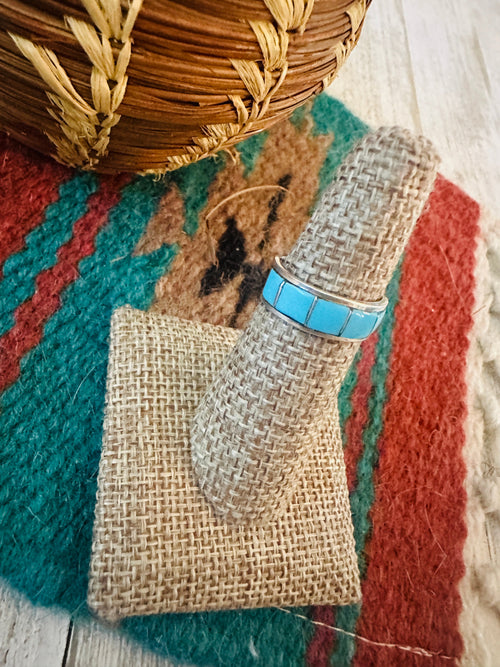 Old Pawn Navajo Sterling Silver & Turquoise Inlay Band Ring