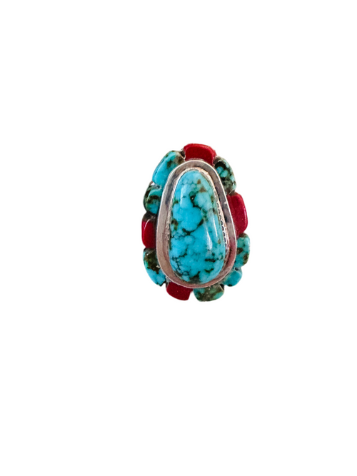 Old Pawn Navajo Sterling Silver, Turquoise & Coral Inlay Ring Size 11